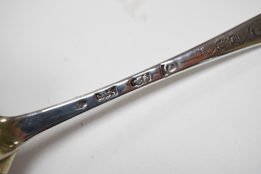 A matched pair of George III silver berry spoons, Dublin, 1808/9, one maker Kelly, the other John Power, 21.5cm, in later fitted case, together with a cased pair of George III Old English pattern berry spoons, London, 17